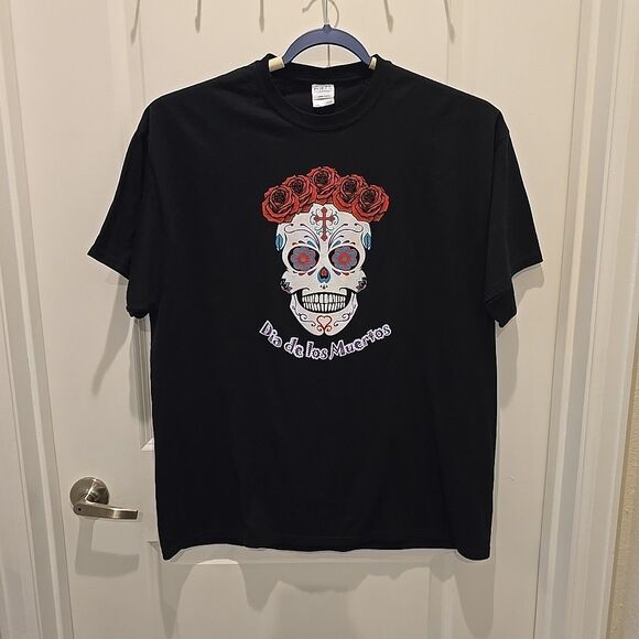 Port & Co Dia de los Muertos Day of the Dead Black T-Shirt Large 2XL Sugar Skull - Picture 1 of 6